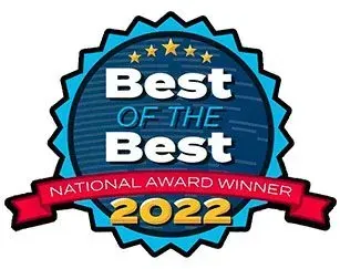 "Best of the Best" National Award Winner 2022 seal; blue, red, and gold colors.