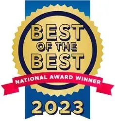Best of the Best National Award Winner 2023 logo: gold starburst, blue banner, red ribbon.