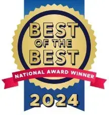 "Best of the Best" national award winner seal, gold and blue, with red banner and "2024" text.