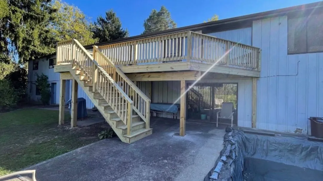Newly framed deck and stairs under construction by the Ireland Contracting crew at a Pittsburgh-area home