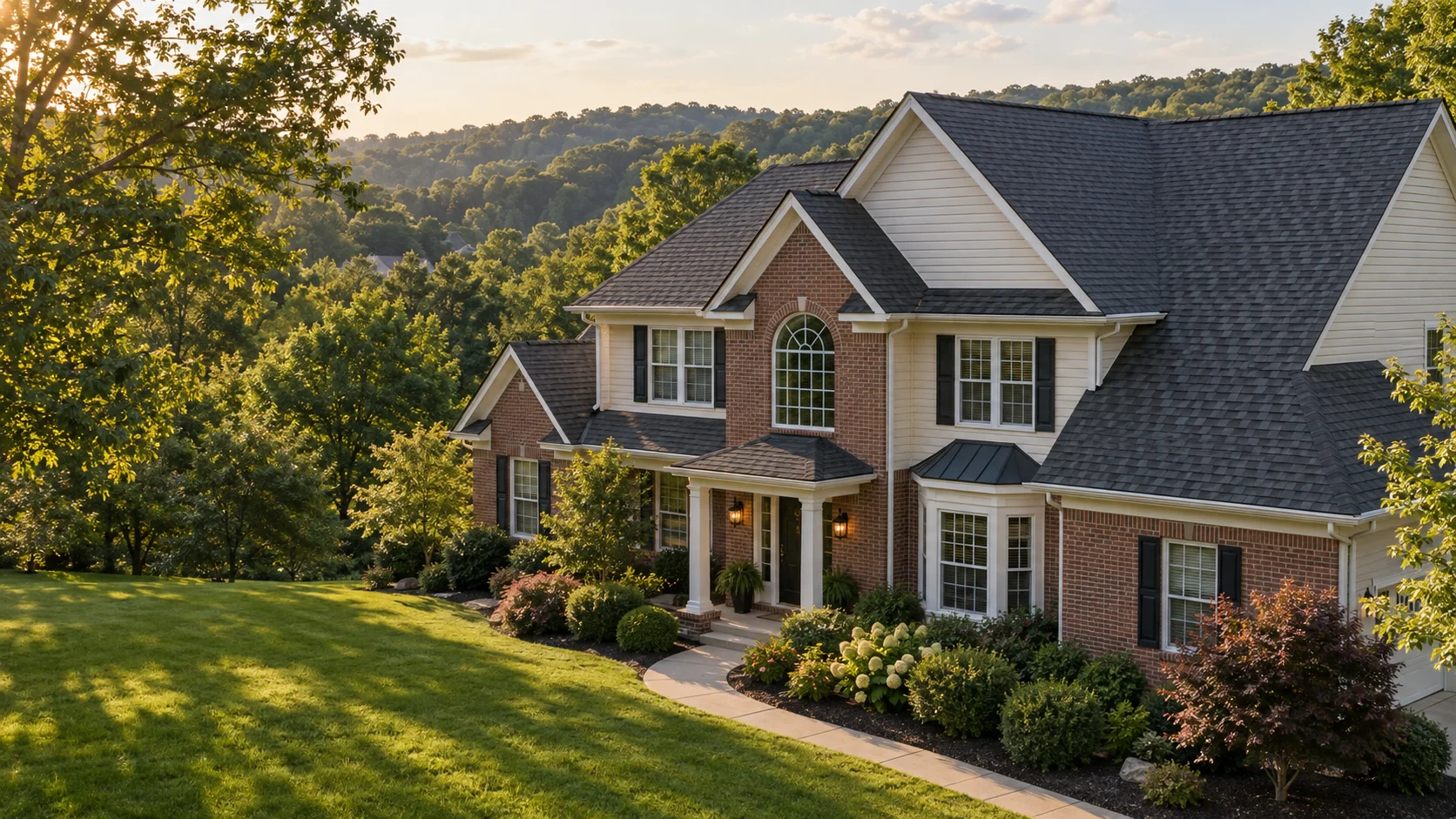 Charcoal shingle roof on a brick and cream-sided home