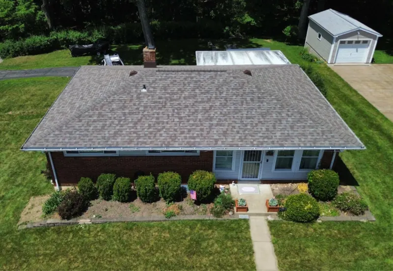 Aerial view of a completed roof replacement by Ireland Contracting