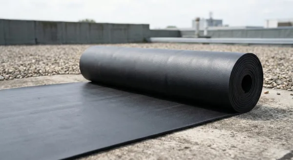 Roll of black Mule-Hide EPDM rubber roofing membrane on a flat roof