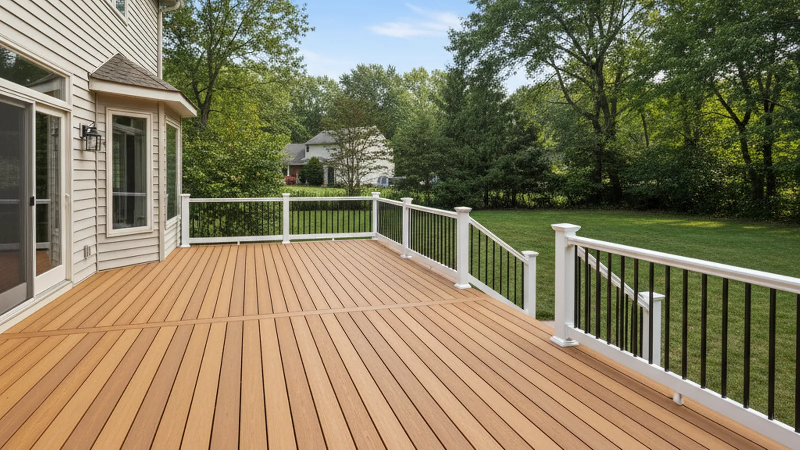 White deck railing with black metal balusters and a lighted post cap