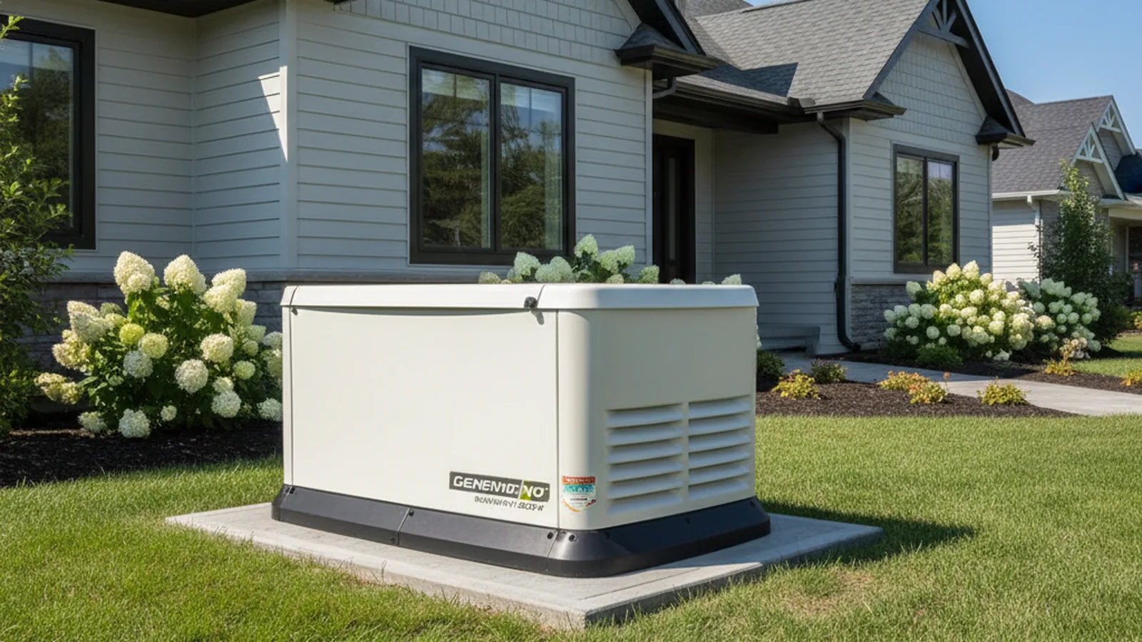 Whole-house standby generator installed beside a home
