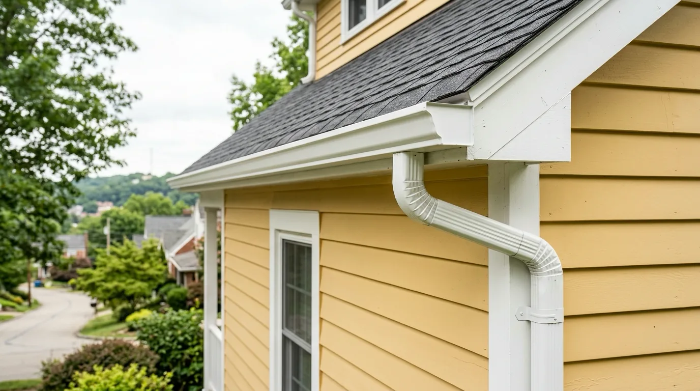 Seamless gutters and downspout installed along a roofline