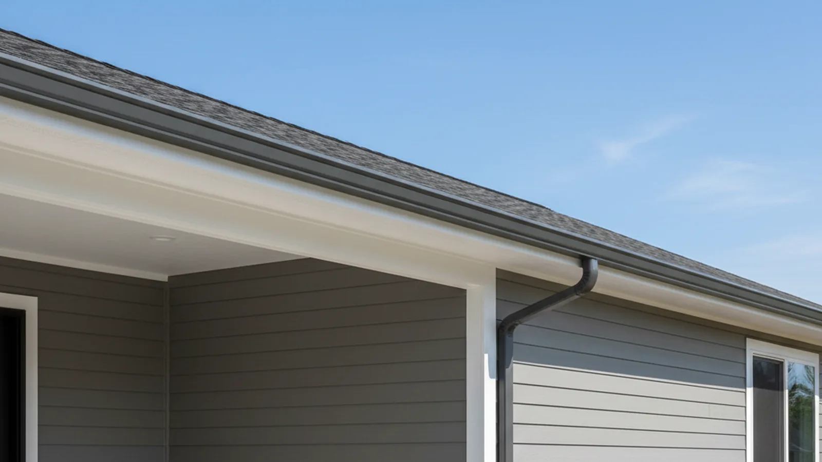 Seamless gutters and downspout installed along a roofline