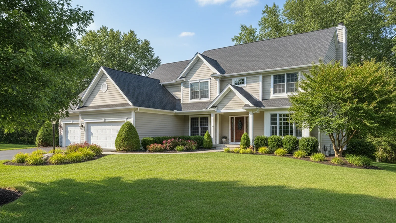 Two-story home with a freshly shingled roof and manicured landscaping
