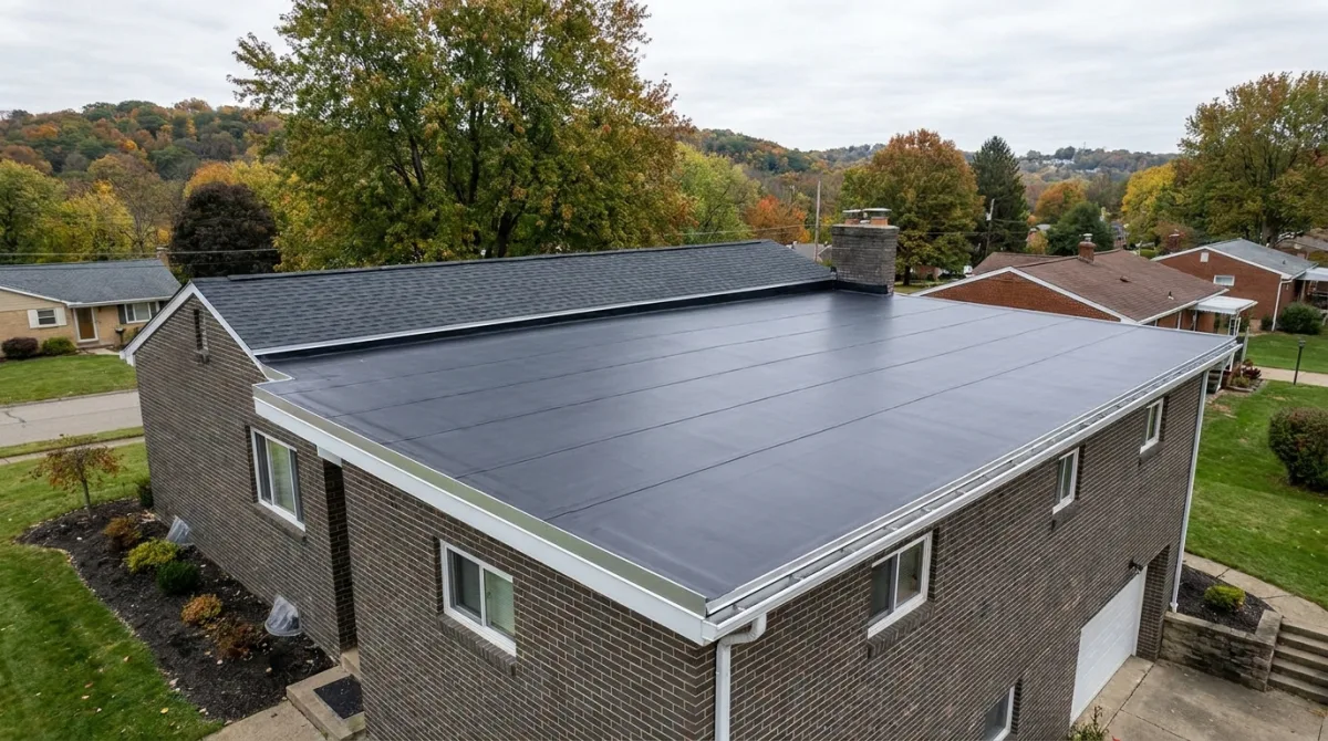 Freshly installed black EPDM rubber membrane roof on a low-slope home addition