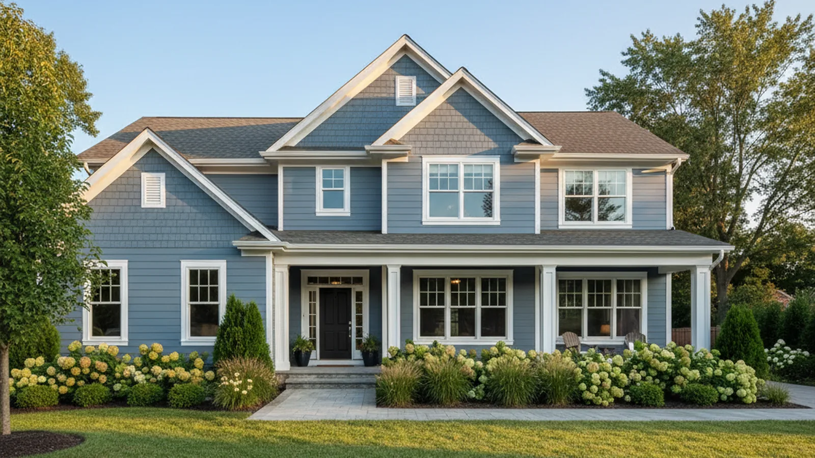 Two-story home with freshly installed blue-gray lap siding and white trim