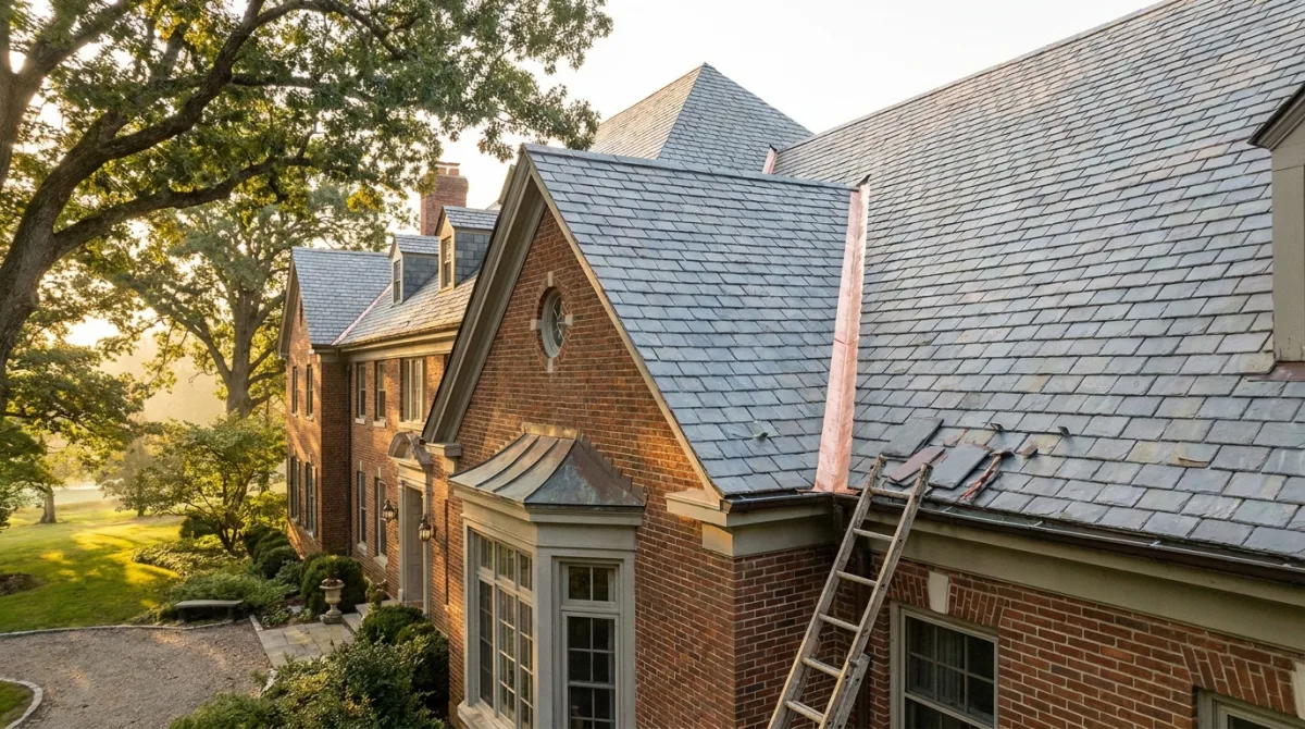Gray natural slate roof with copper valley flashing on an early-1900s Pittsburgh brick home