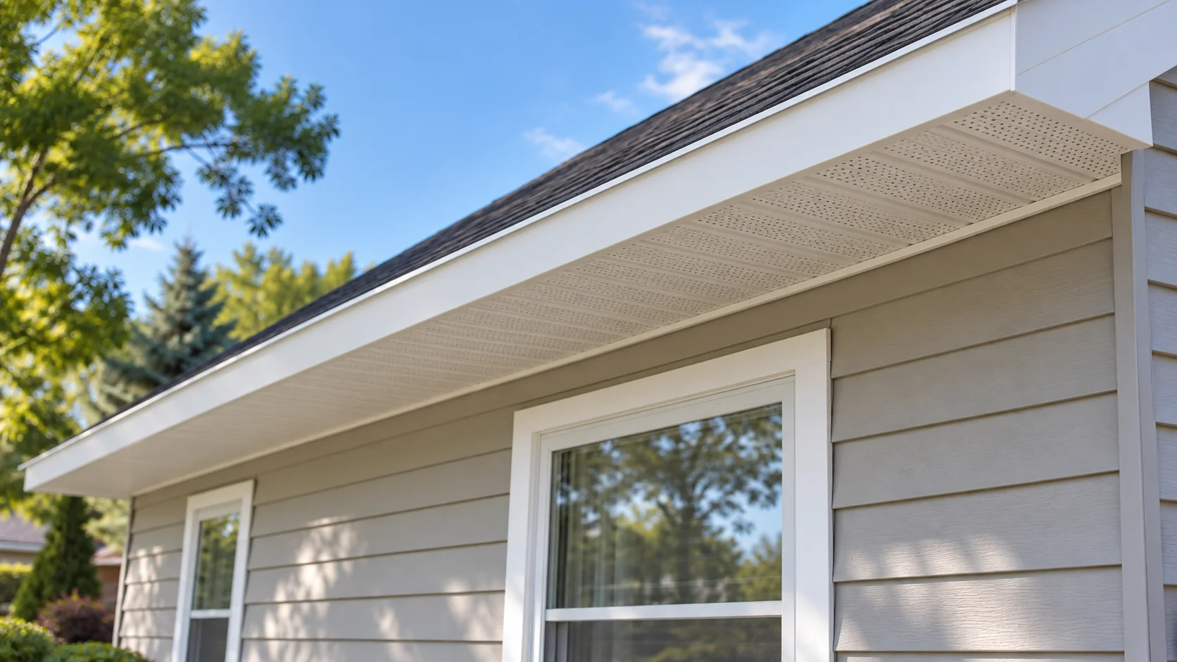 Newly installed white soffit and fascia along a home's roof edge