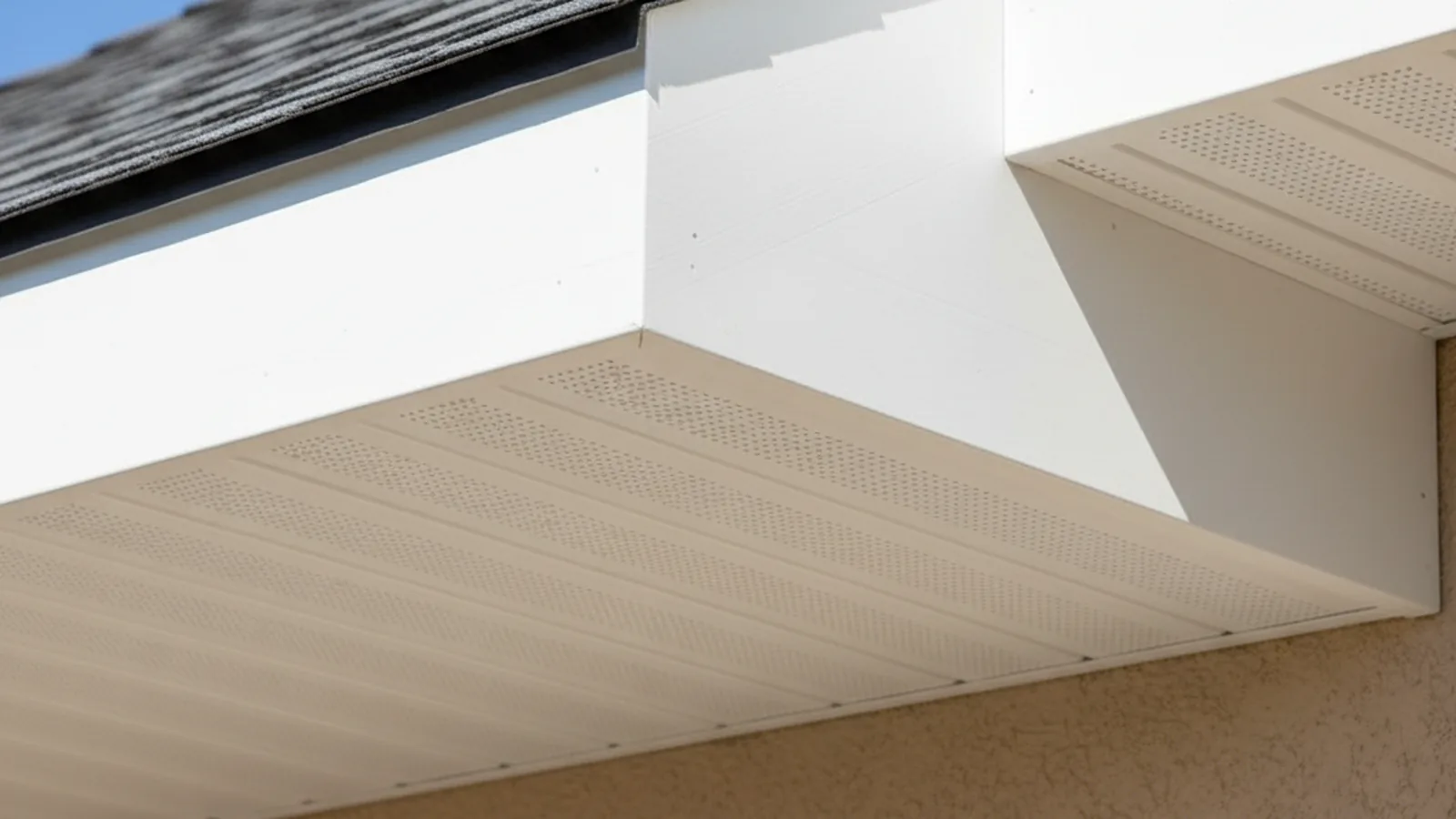 Newly installed white soffit and fascia along a home's roof edge