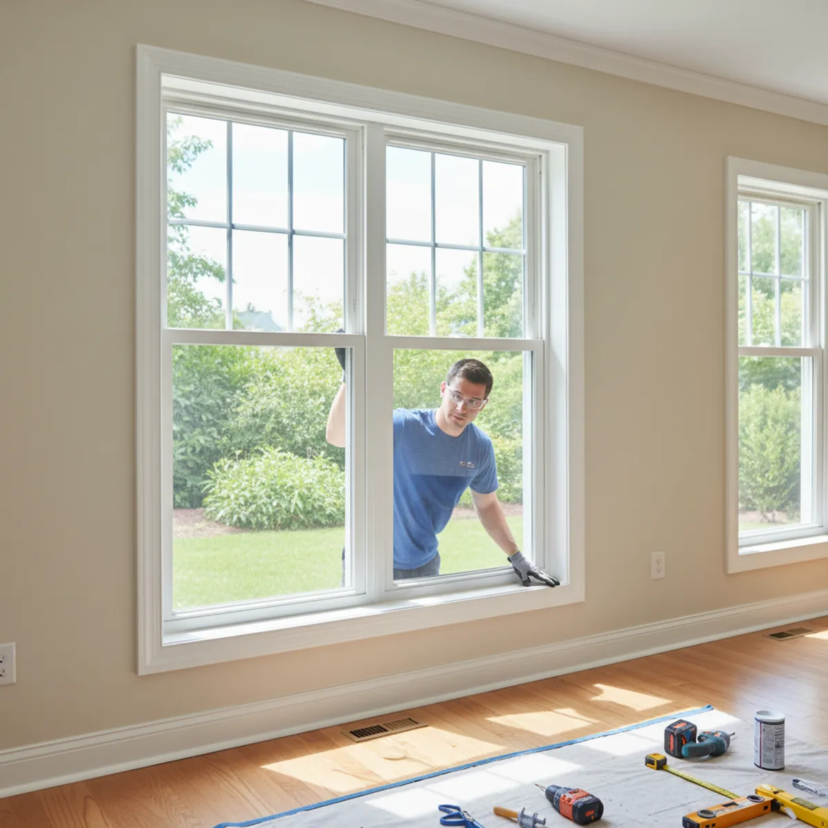 Energy-efficient replacement windows in a bright living room